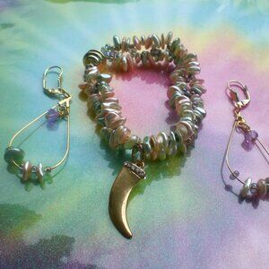 Pastel Beaded Chip Jewelry Set; Bracelet and Earrings; Bead Chips; Pastel; Jewel